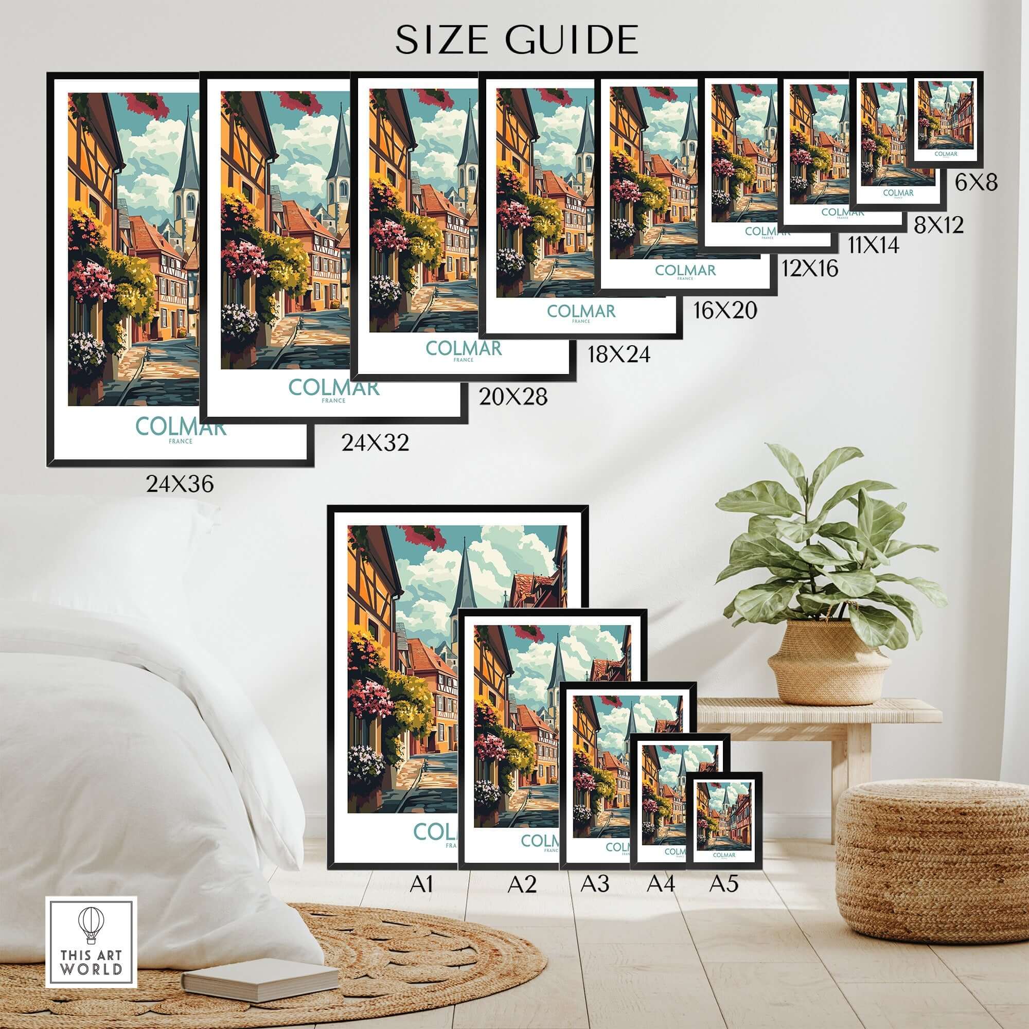 Colmar Wall Art Print size guide showcasing various dimensions for home decor options.
