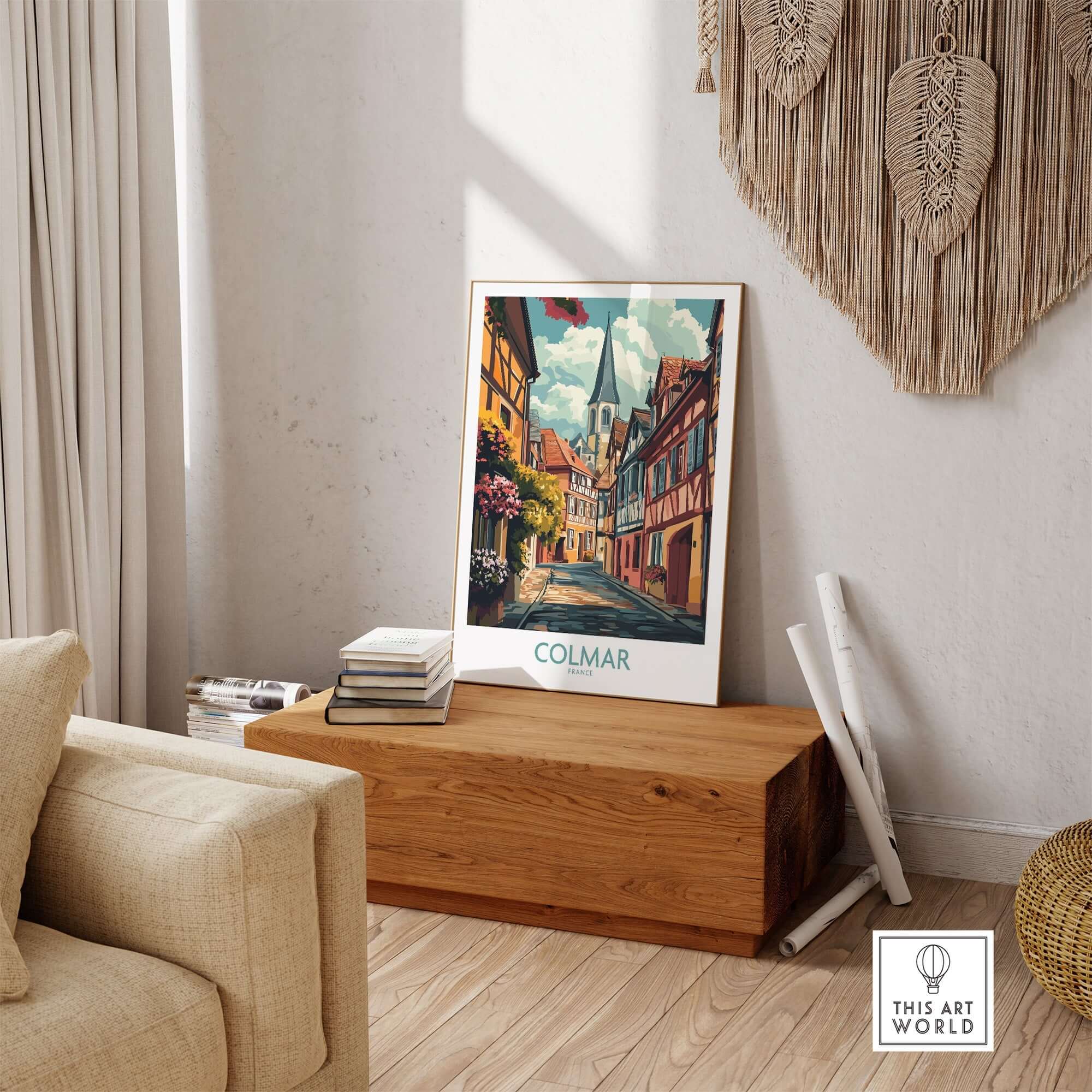 Colmar Wall Art Print featuring a vibrant street scene, ideal for home decor and adding charm to any room.