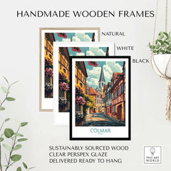 Colmar Wall Art Print in handmade wooden frames displayed in natural, white, and black styles, ready to hang.