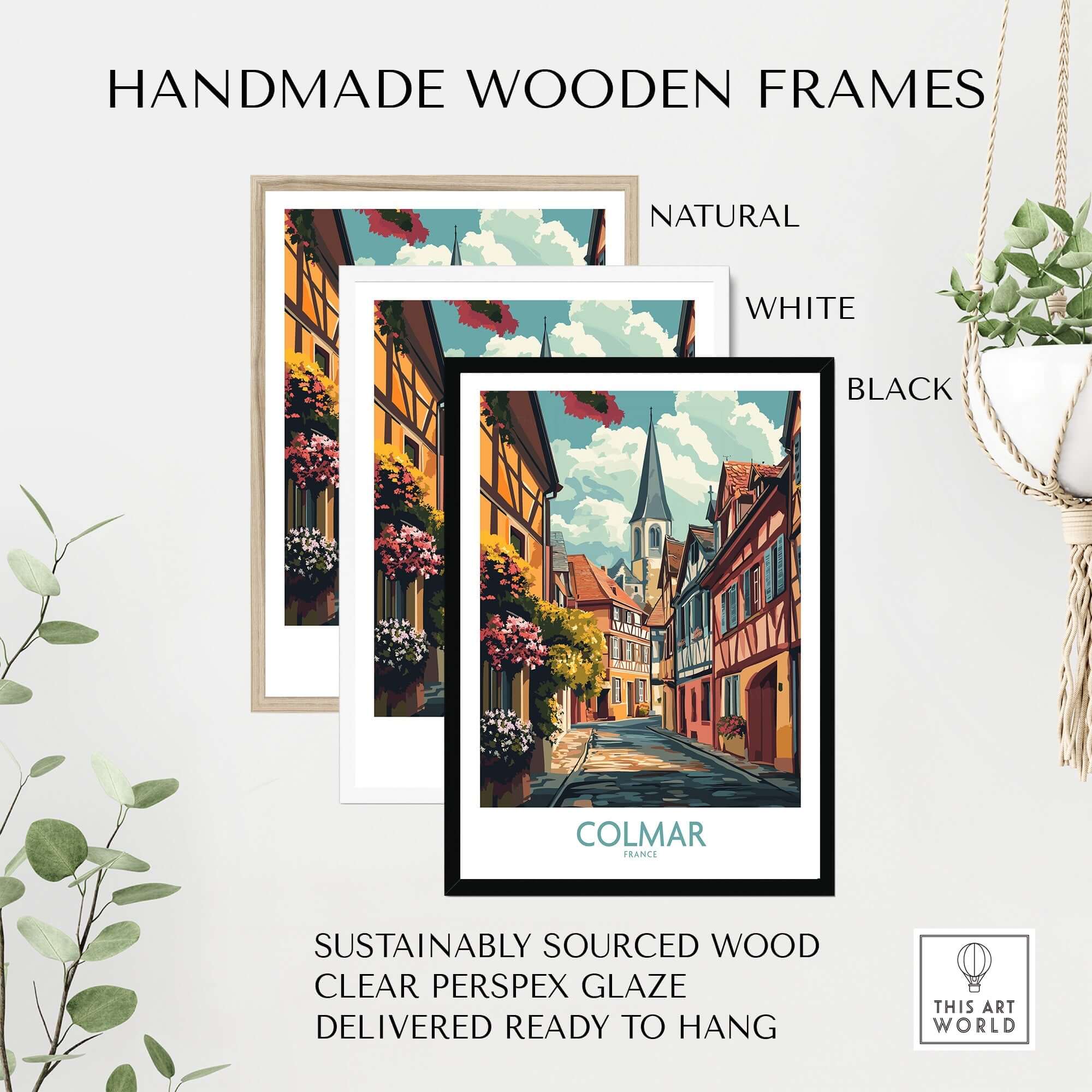 Colmar Wall Art Print in handmade wooden frames displayed in natural, white, and black styles, ready to hang.