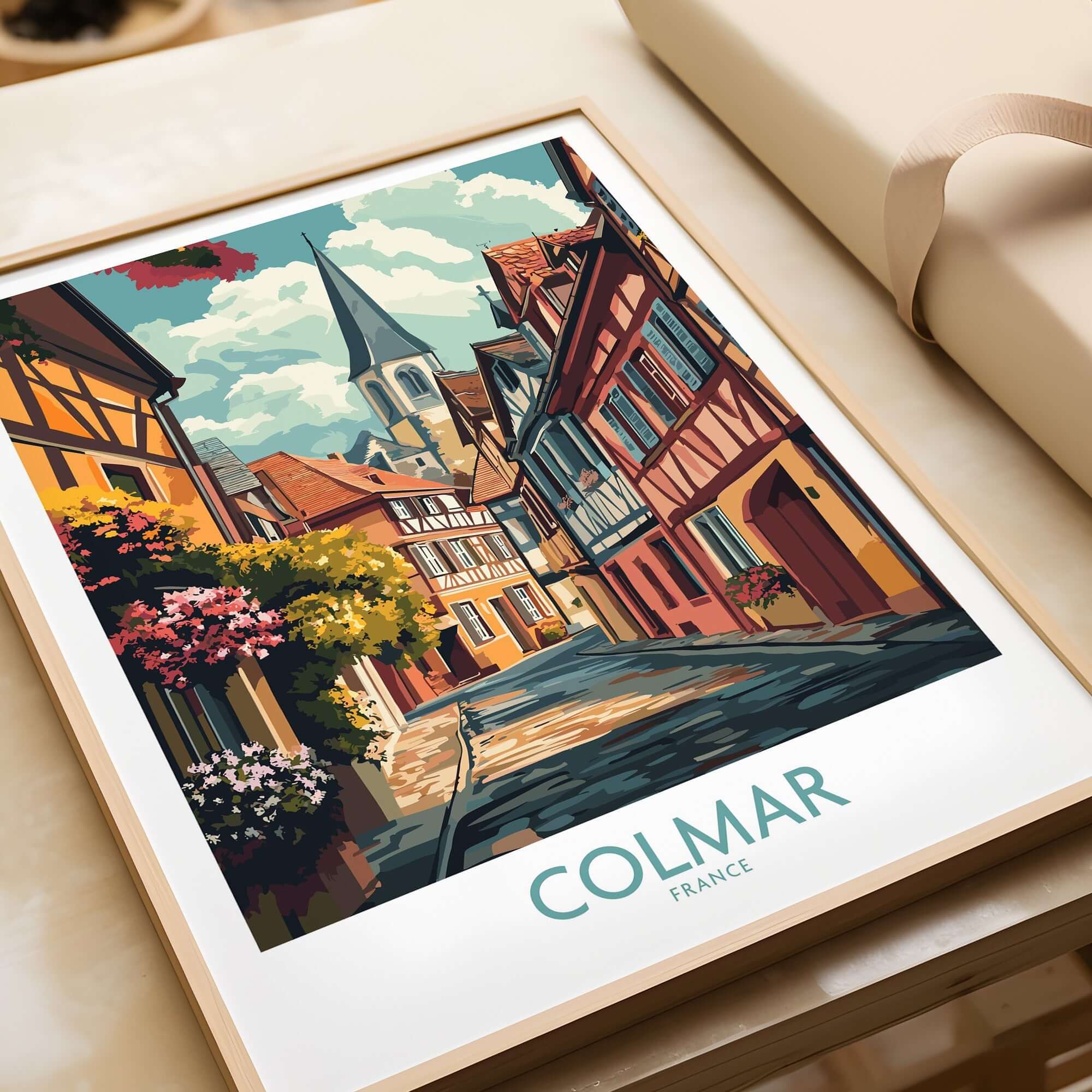 Colmar Wall Art Print showcasing a charming street in Colmar, France with vibrant colors and detailed architecture.