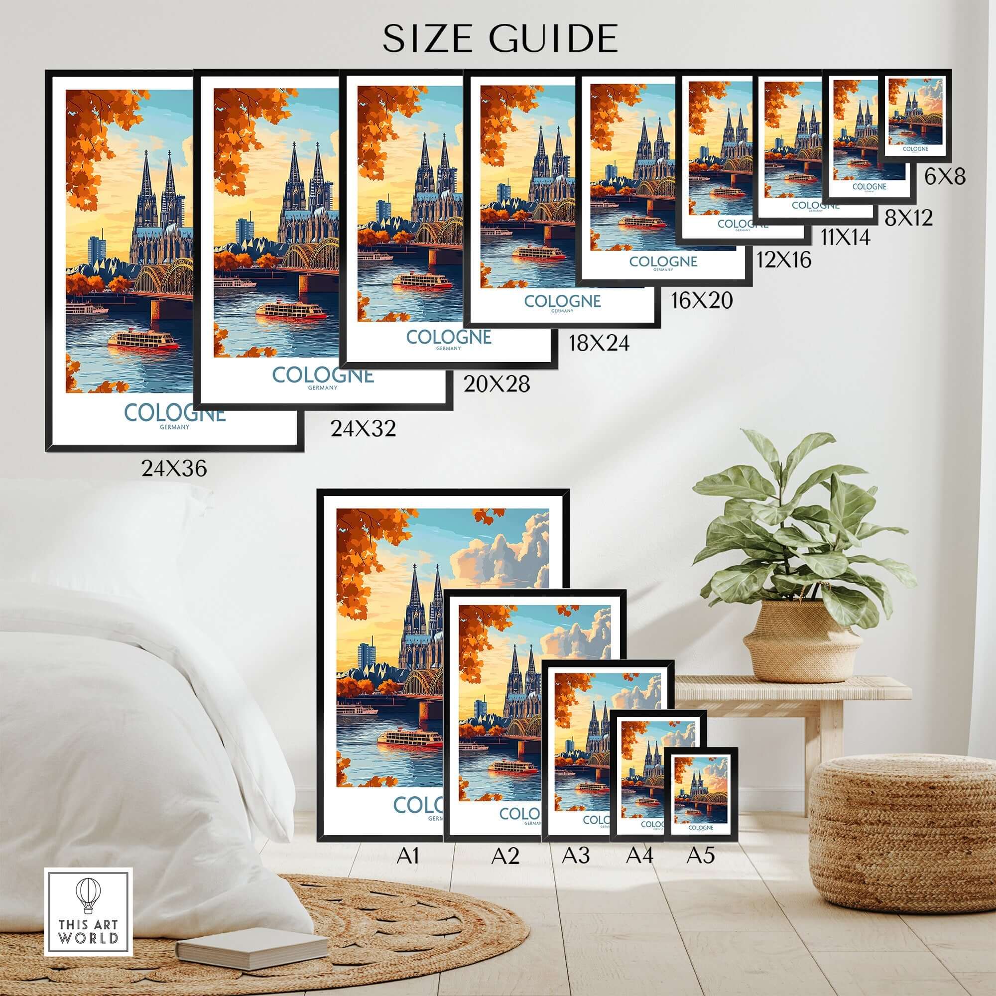 Cologne Art Print size guide showcasing various dimensions and vibrant artwork of Cologne's skyline.