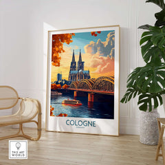 Cologne Art Print featuring a vibrant depiction of Cologne with stunning architecture and a scenic river view.