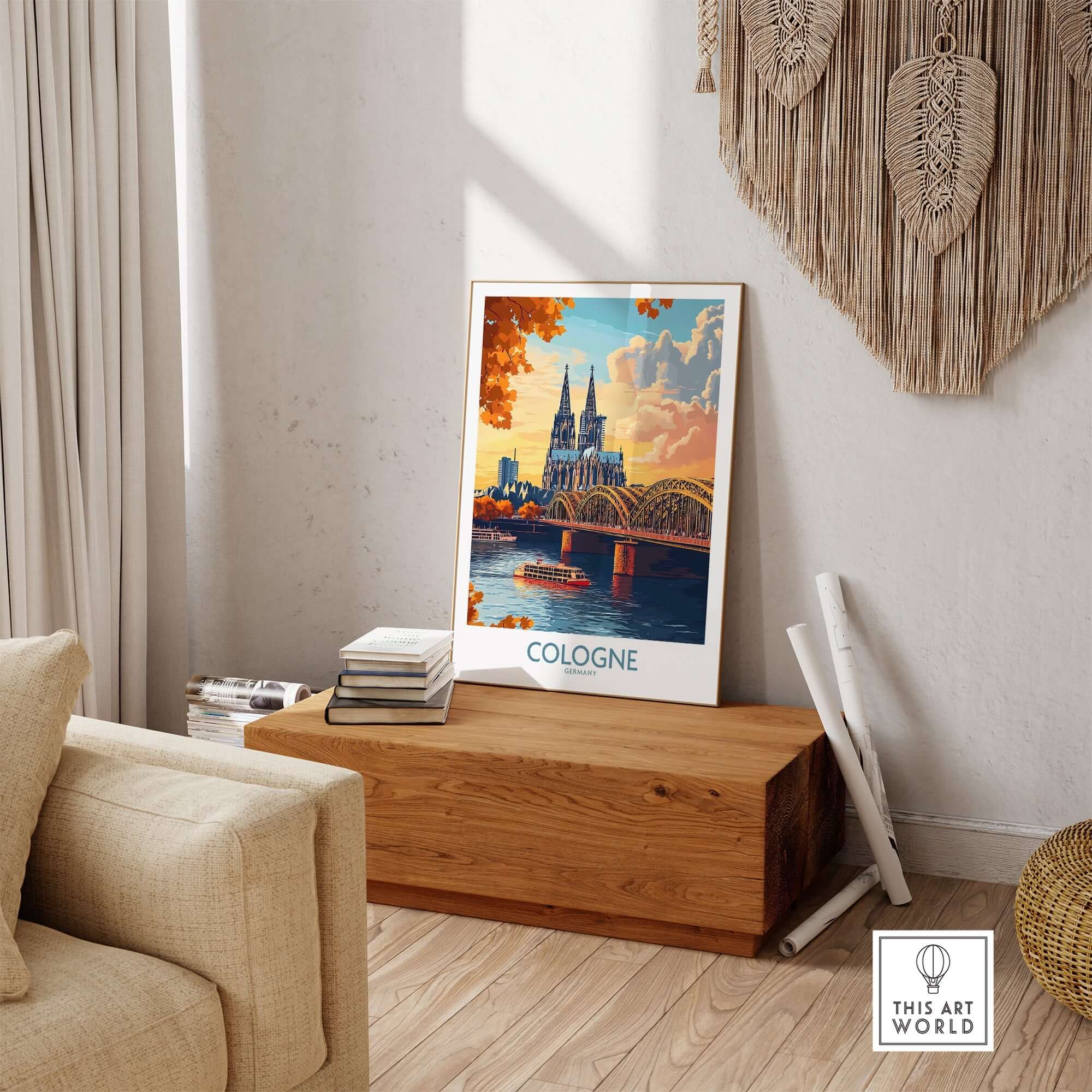 Cologne Art Print showcasing a vibrant depiction of the city with architecture and a river scene in a stylish interior.