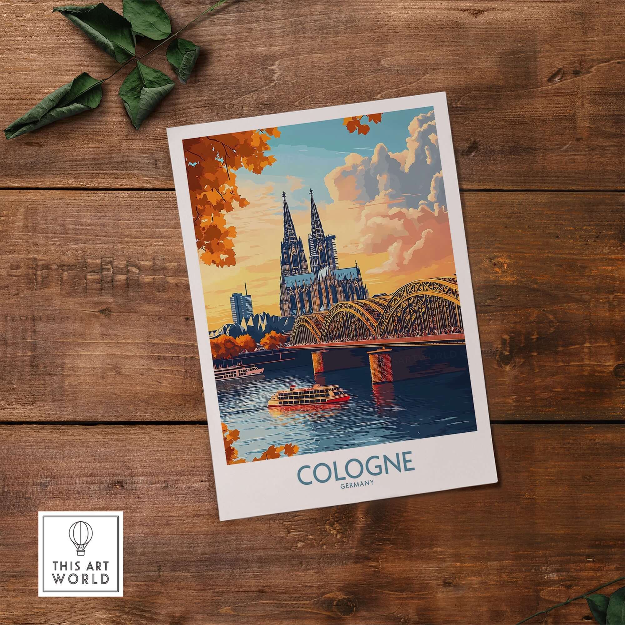 Cologne Art Print showcasing Cologne's iconic skyline and bridge with vibrant colors on a wooden background