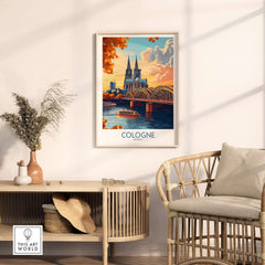 Cologne Art Print displayed in a stylish interior, showcasing the vibrant depiction of Cologne's skyline and river.