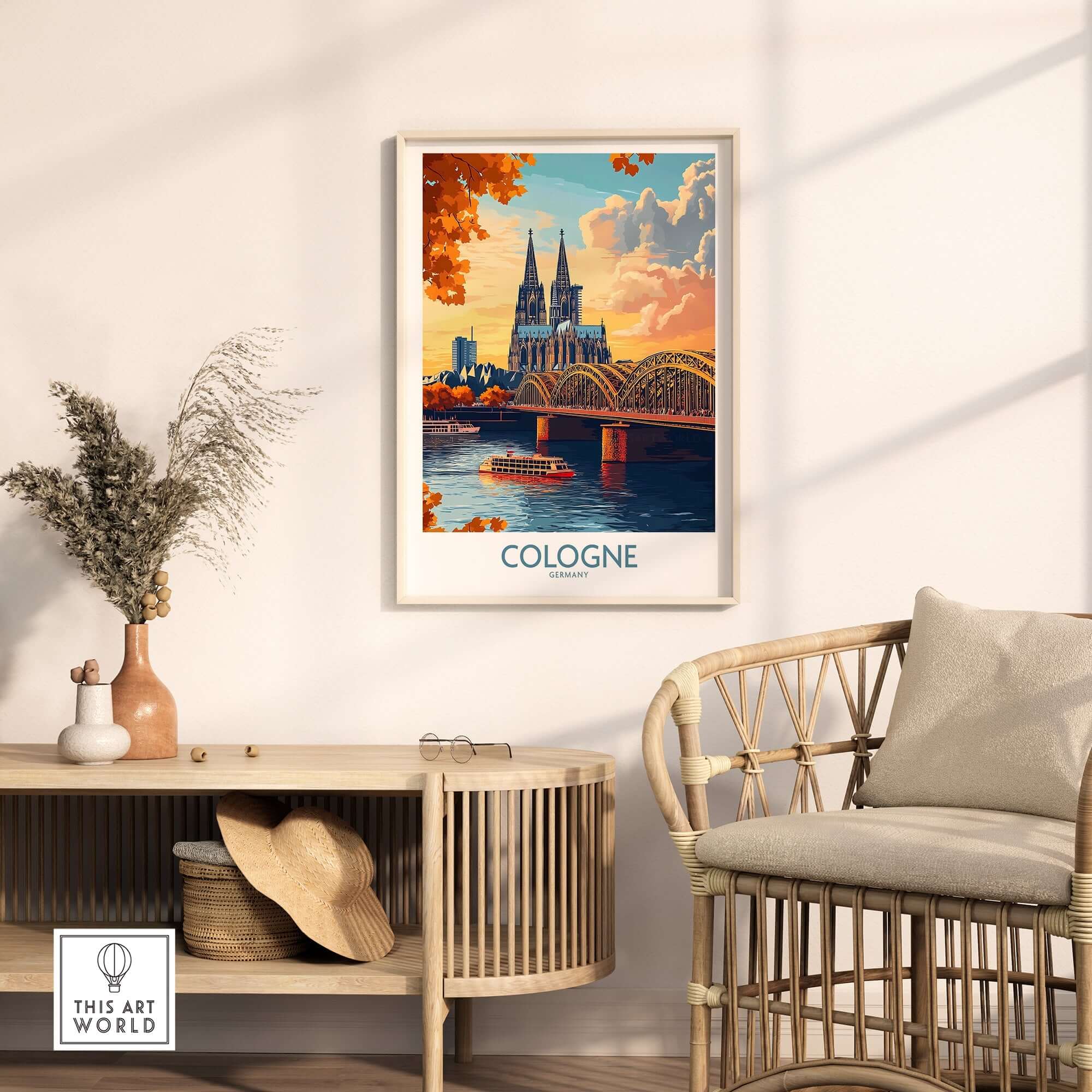 Cologne Art Print displayed in a stylish interior, showcasing the vibrant depiction of Cologne's skyline and river.