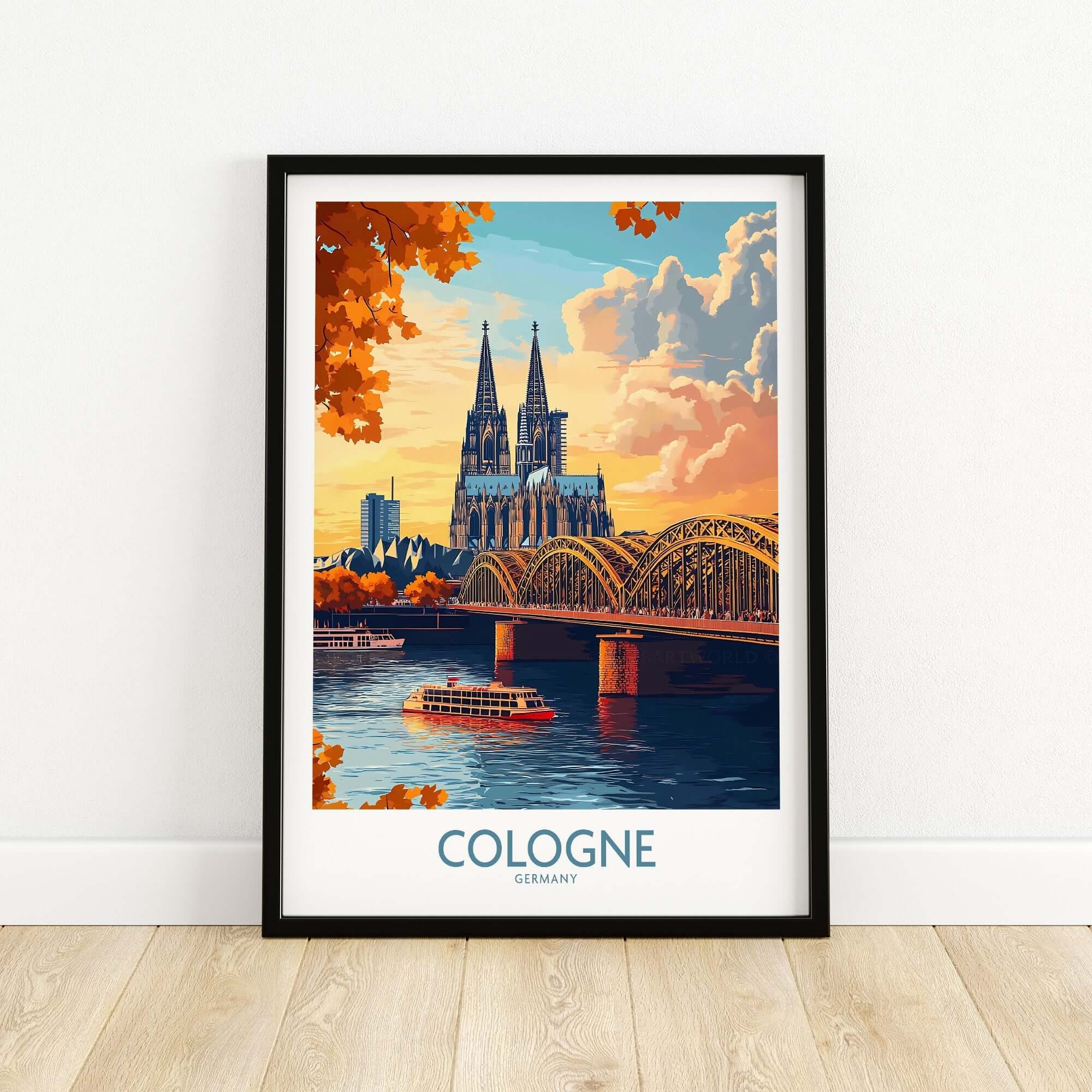 Cologne Art Print featuring the Cologne Cathedral and bridge in vibrant colors, adding cultural beauty to any space.