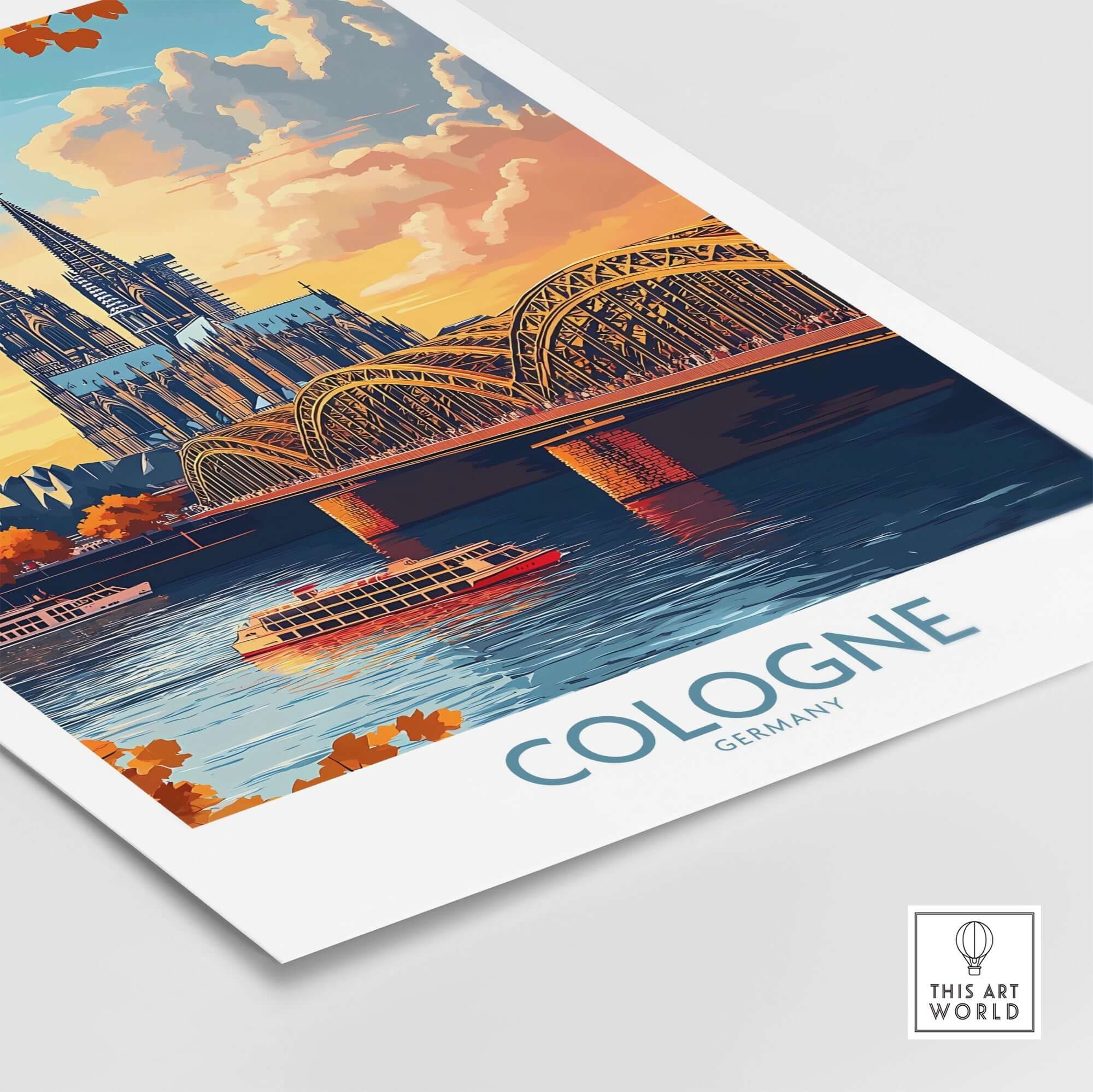 Cologne Art Print featuring the famous Cologne Cathedral and River Rhine landscape.