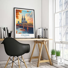 Cologne Art Print displayed in a modern workspace, showcasing the vibrant cityscape of Cologne.