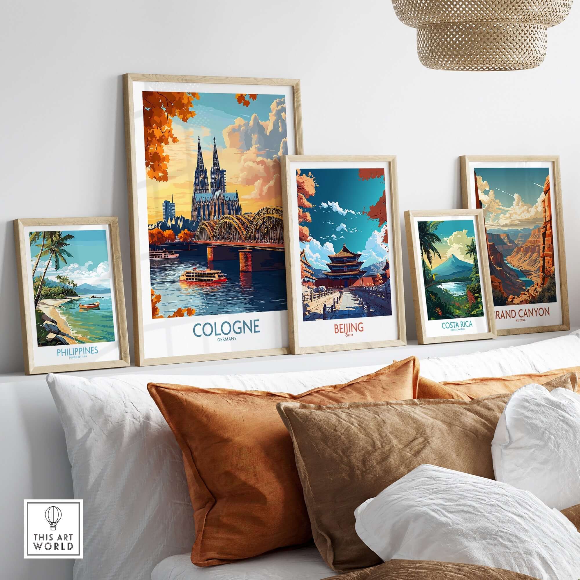 Cologne Art Print displayed among other travel-themed art prints on a stylish shelf.