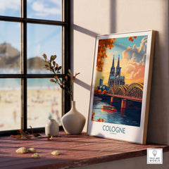Cologne Art Print displayed beside a window, showcasing vibrant colors and cultural landmarks of Cologne, Germany.