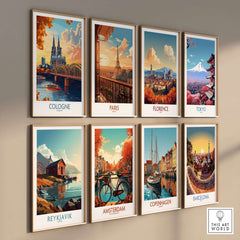 Cologne Art Print and other city art prints displayed on a wall, showcasing vibrant travel destinations.