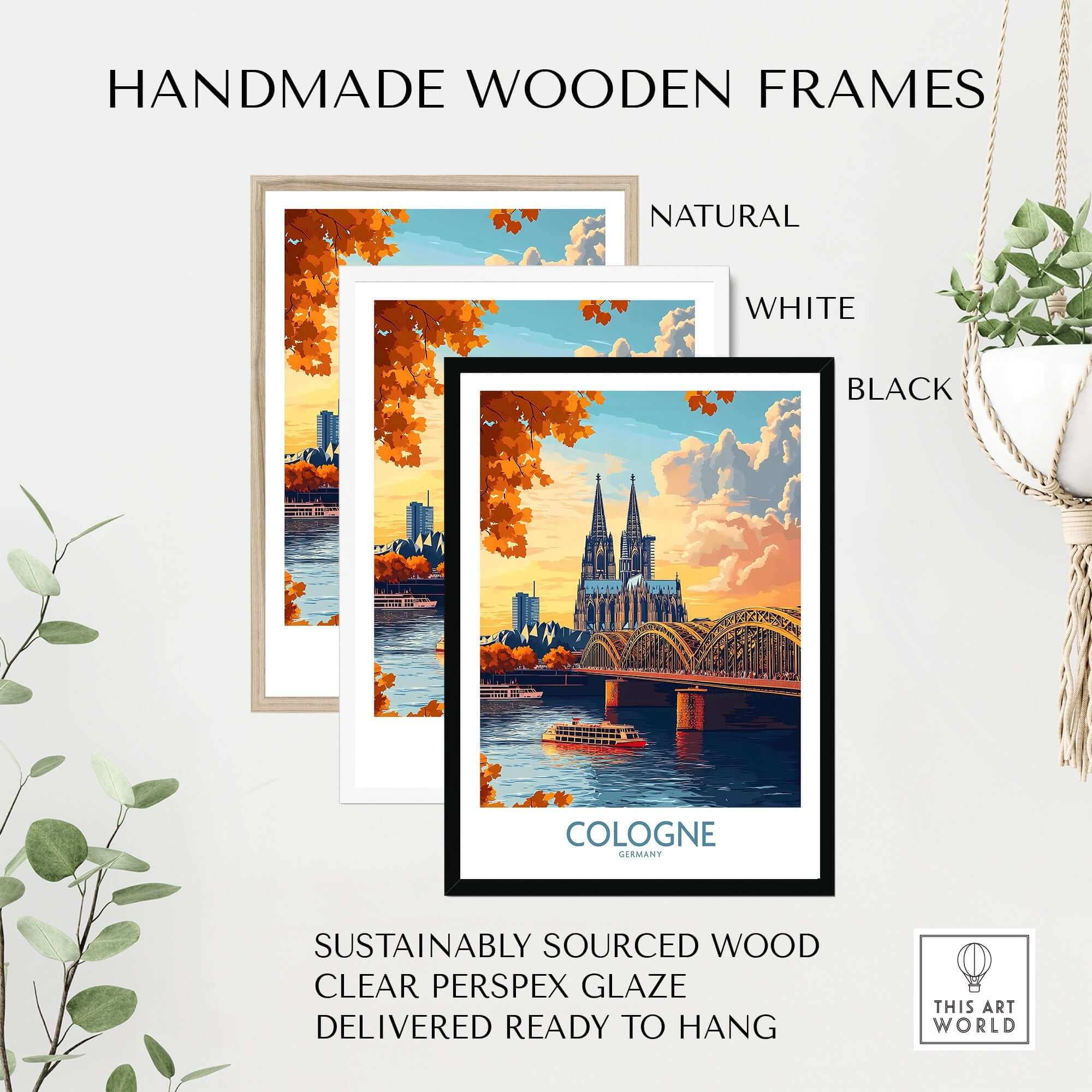 Handmade wooden frames showcasing the Cologne Art Print in natural, white, and black finishes, ready to hang.