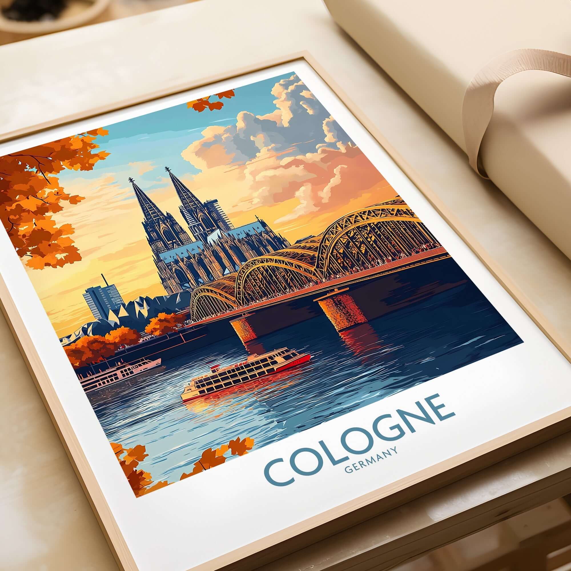 Cologne Art Print showcasing the Cologne Cathedral and bridge against a vibrant sunset background.