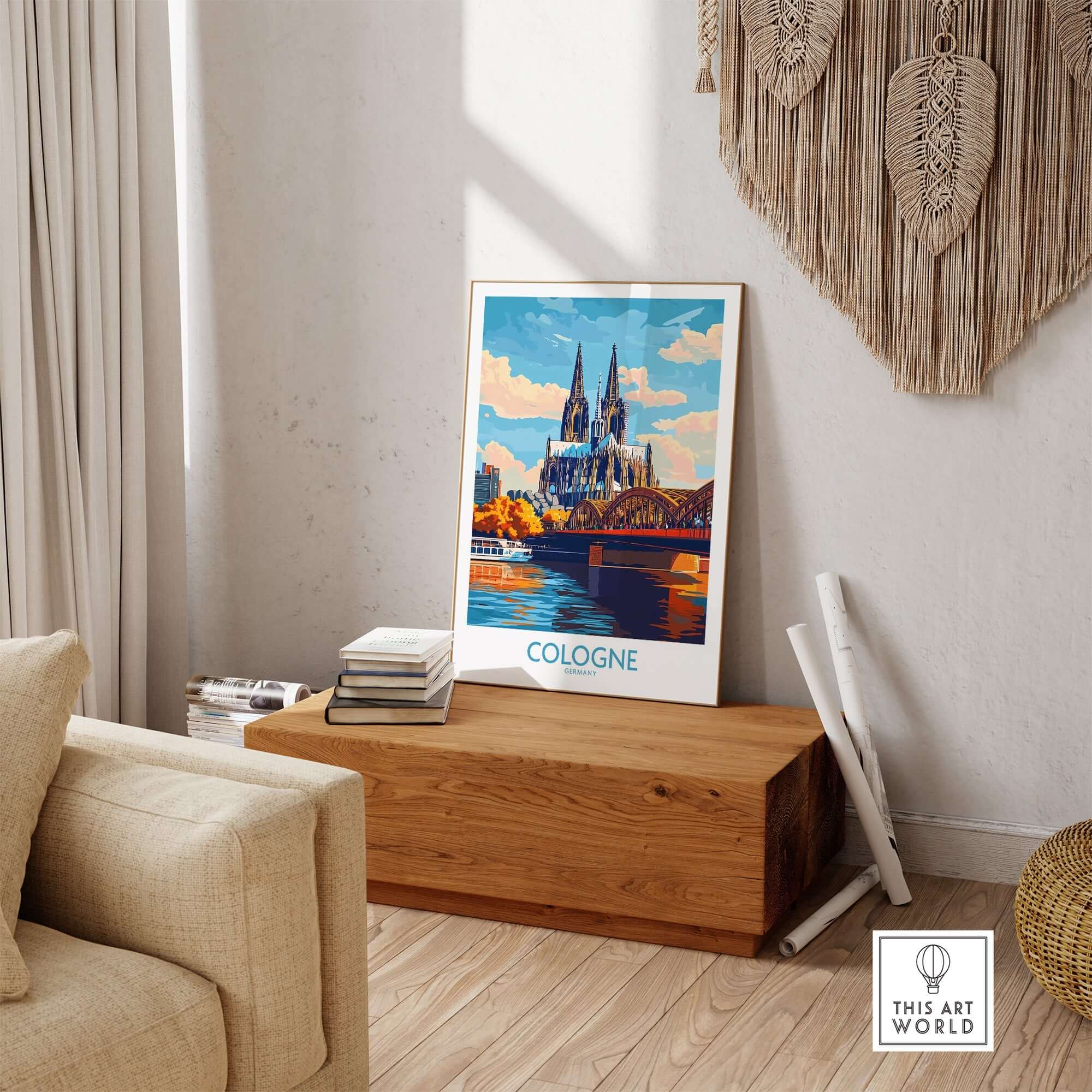 Cologne Poster Germany showcasing the stunning Cologne Cathedral and vibrant scenery in a stylish interior setting.