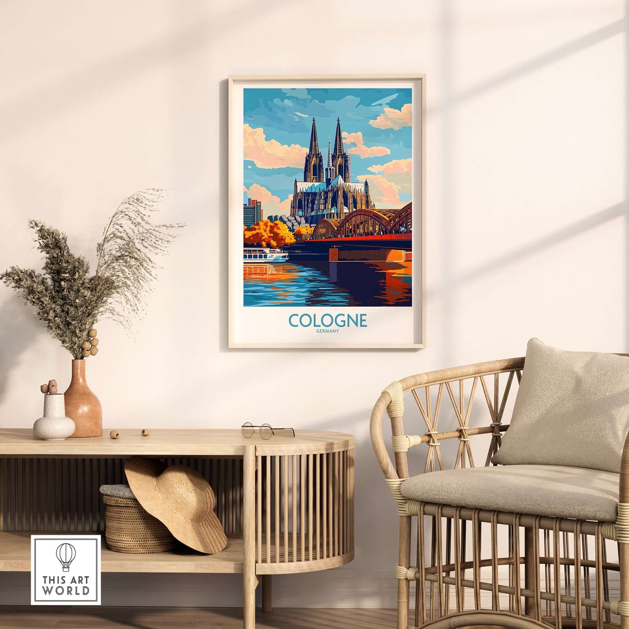 Cologne Poster Germany showcasing the beauty of Cologne with historic landmarks and vibrant colors in a stylish interior.