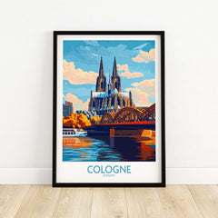 Cologne Poster Germany featuring the iconic Cologne Cathedral and the Rhine River.