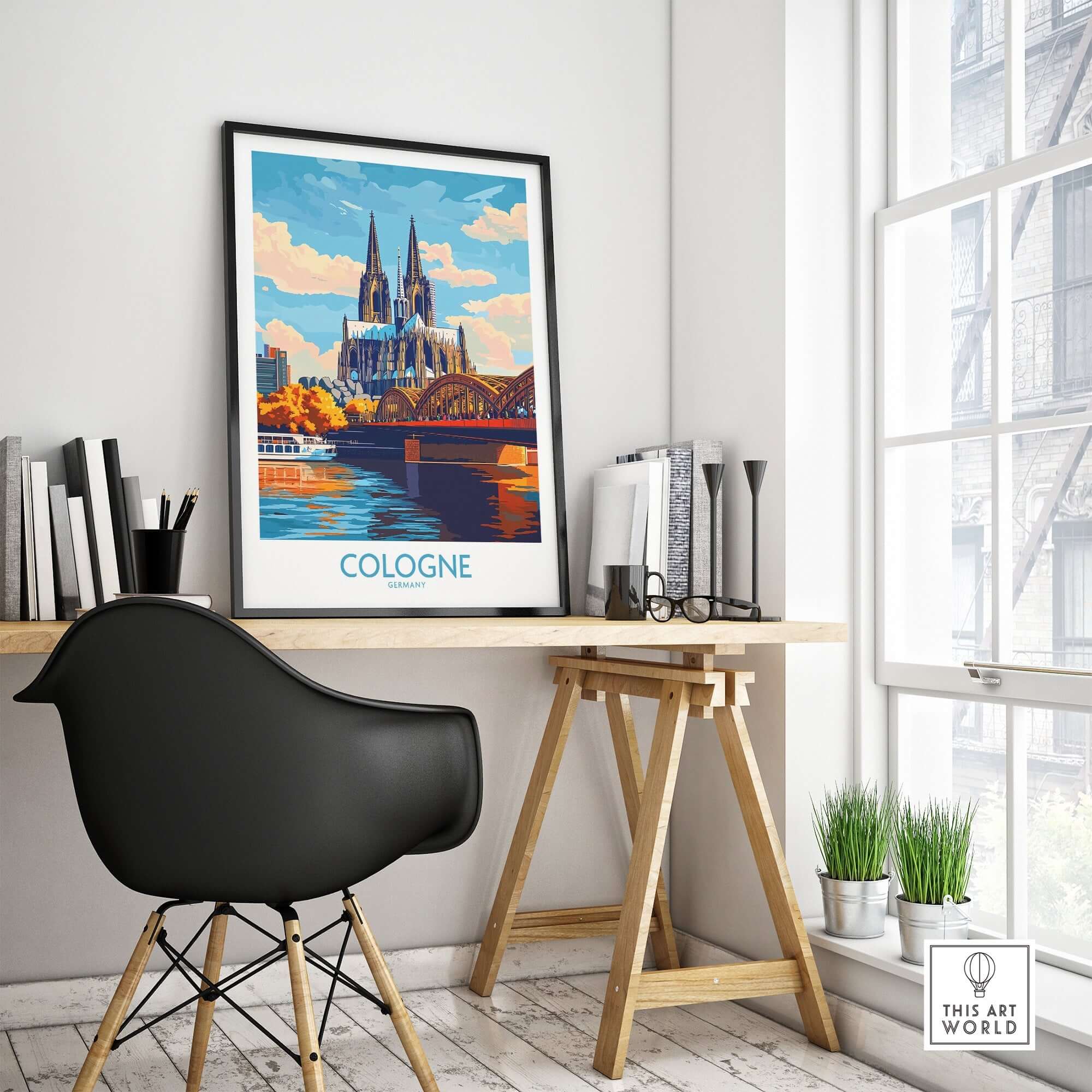 Cologne Poster Germany displayed in a stylish office, showcasing Cologne's iconic architecture and scenic views.