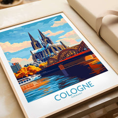 Cologne Poster Germany featuring the iconic Cologne Cathedral and scenic river view.