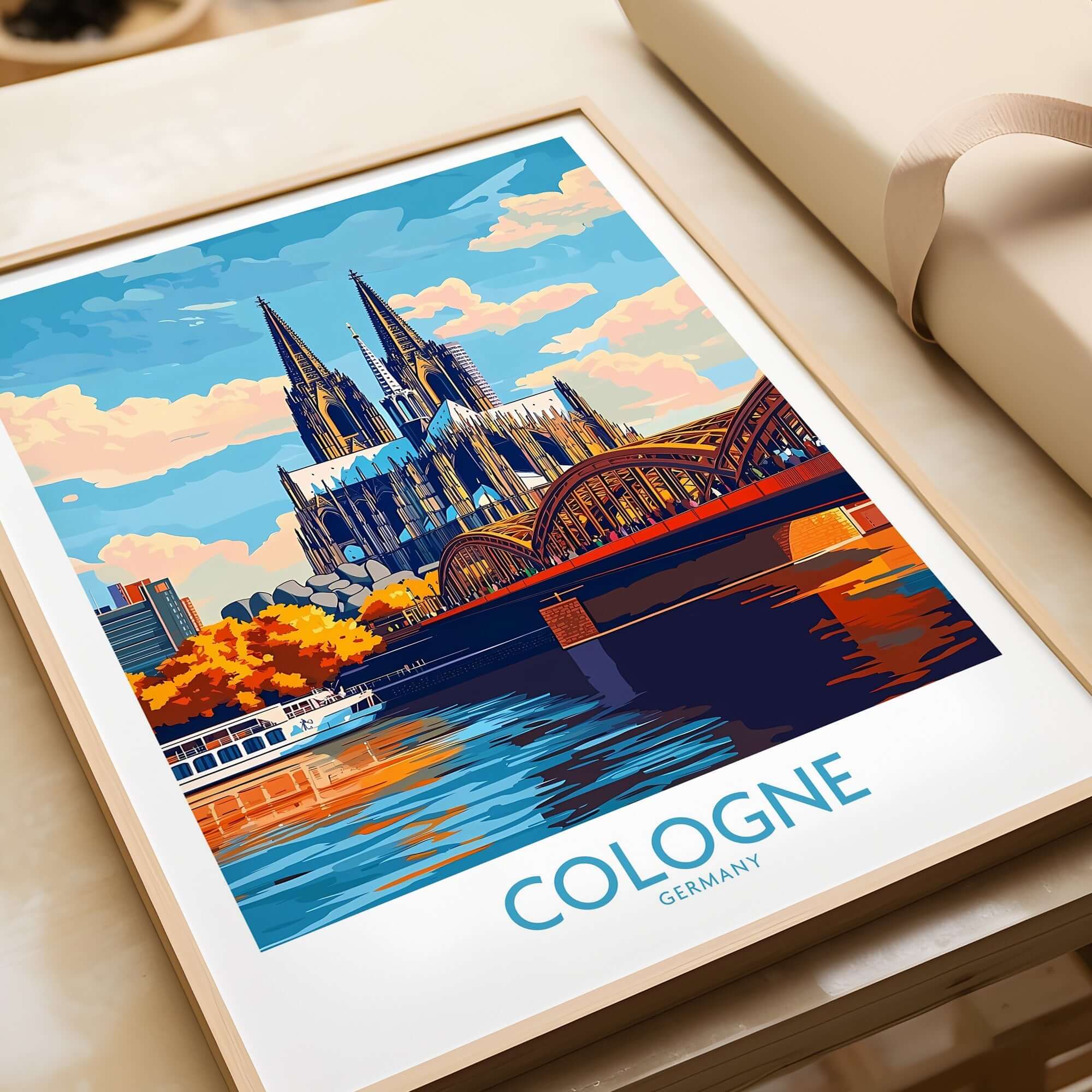 Cologne Poster Germany featuring the iconic Cologne Cathedral and scenic river view.
