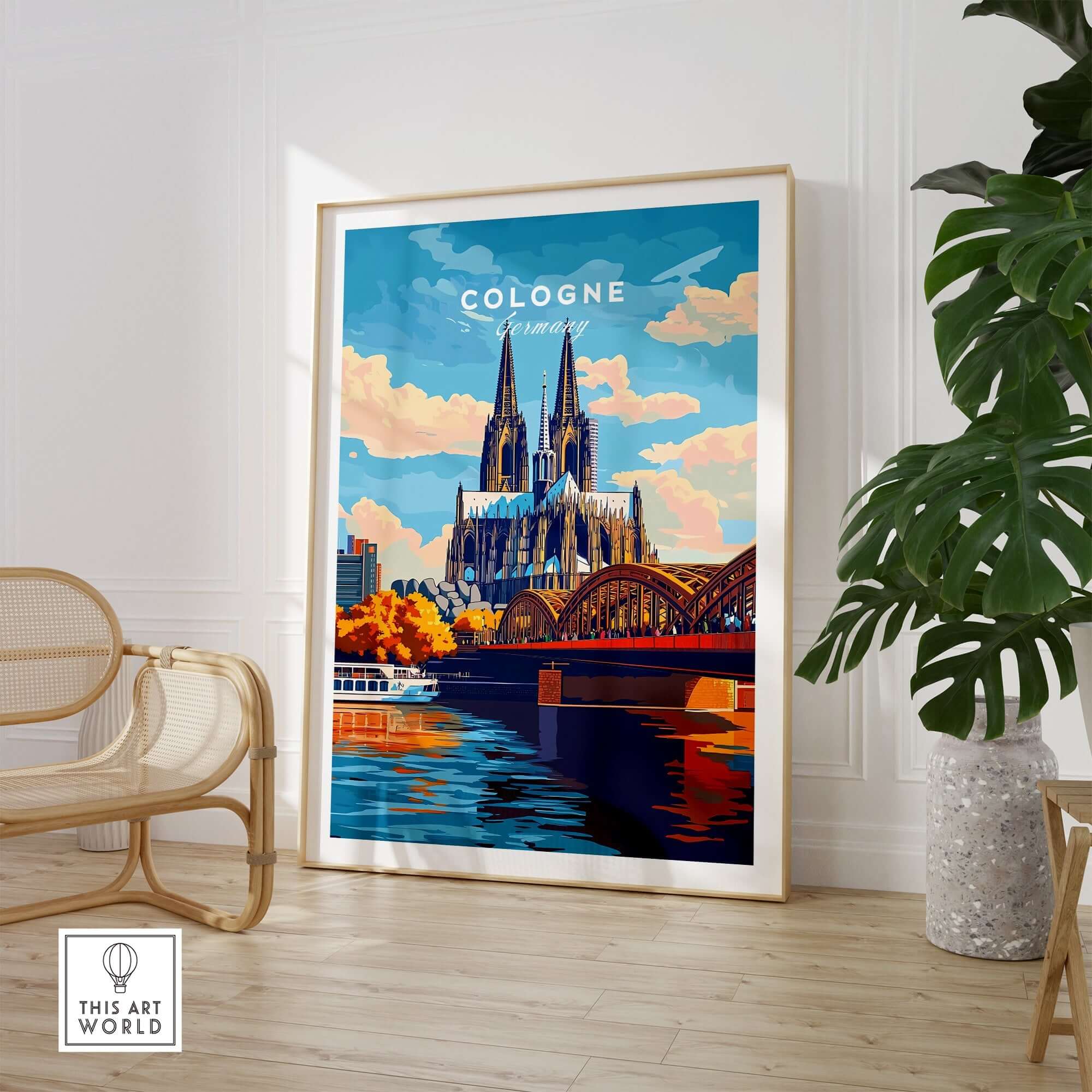 Cologne Print Germany art print showcasing the Cologne Cathedral and vibrant cityscape.