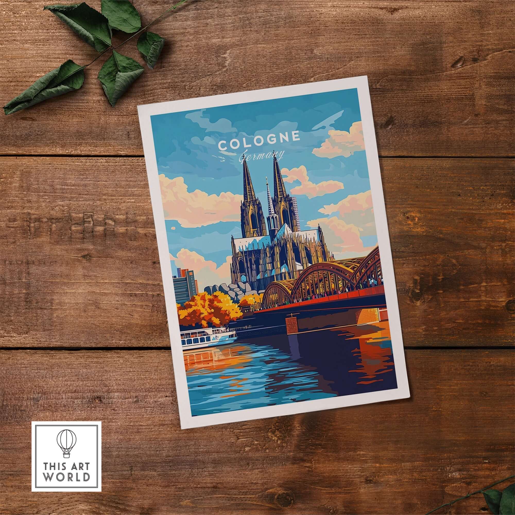 Cologne Print Germany showcasing the Cologne Cathedral and river view in vibrant colors on a wooden table background.
