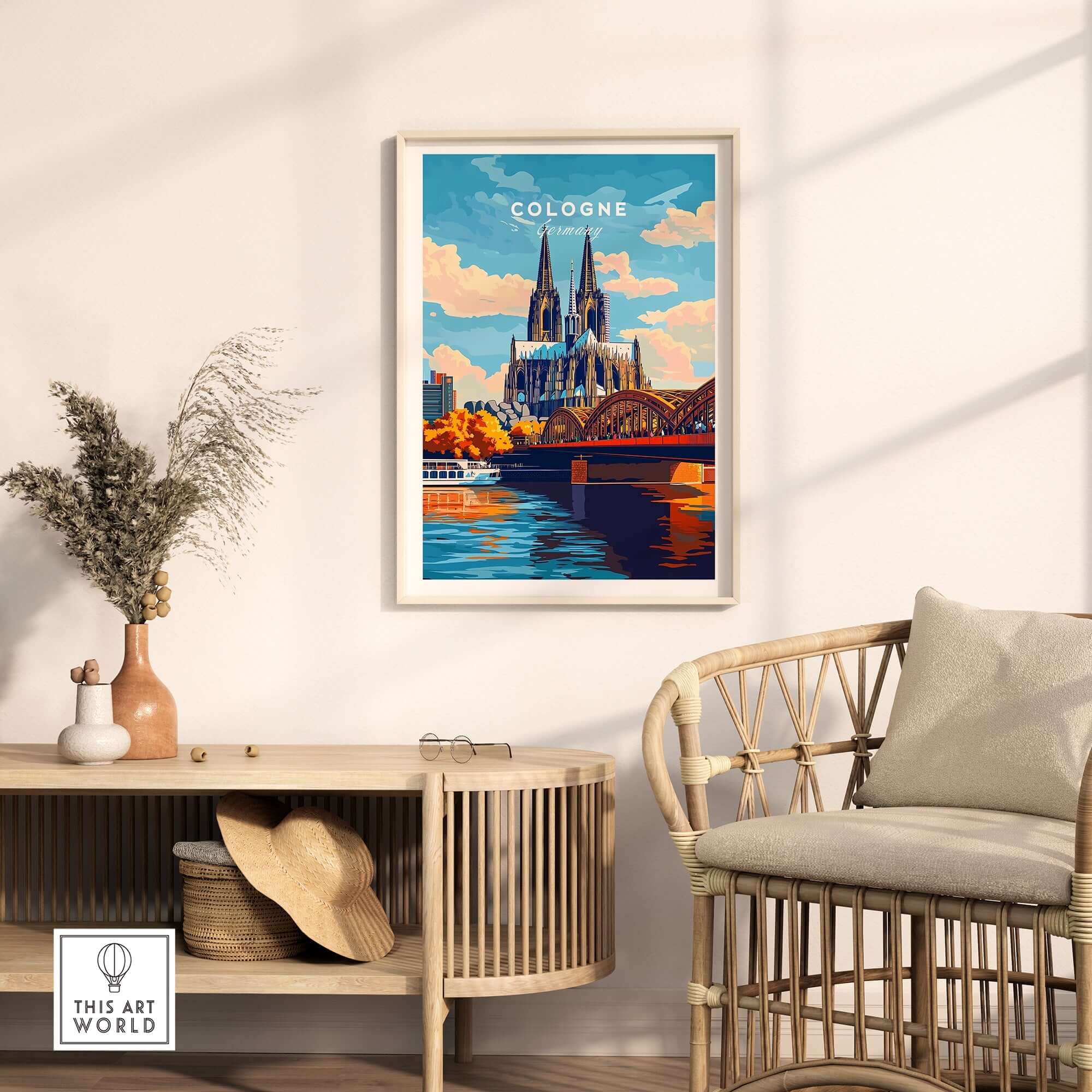 Cologne Print Germany framed art print featuring Cologne Cathedral and the Rhine River.