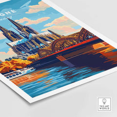 Cologne Print Germany showcasing the iconic Cologne Cathedral and bridge over the river, vibrant city art.