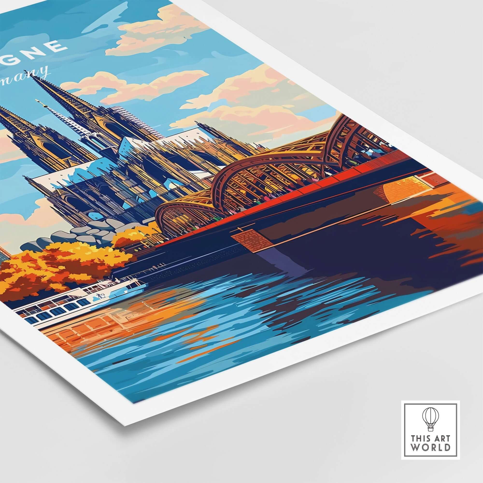 Cologne Print Germany showcasing the iconic Cologne Cathedral and bridge over the river, vibrant city art.