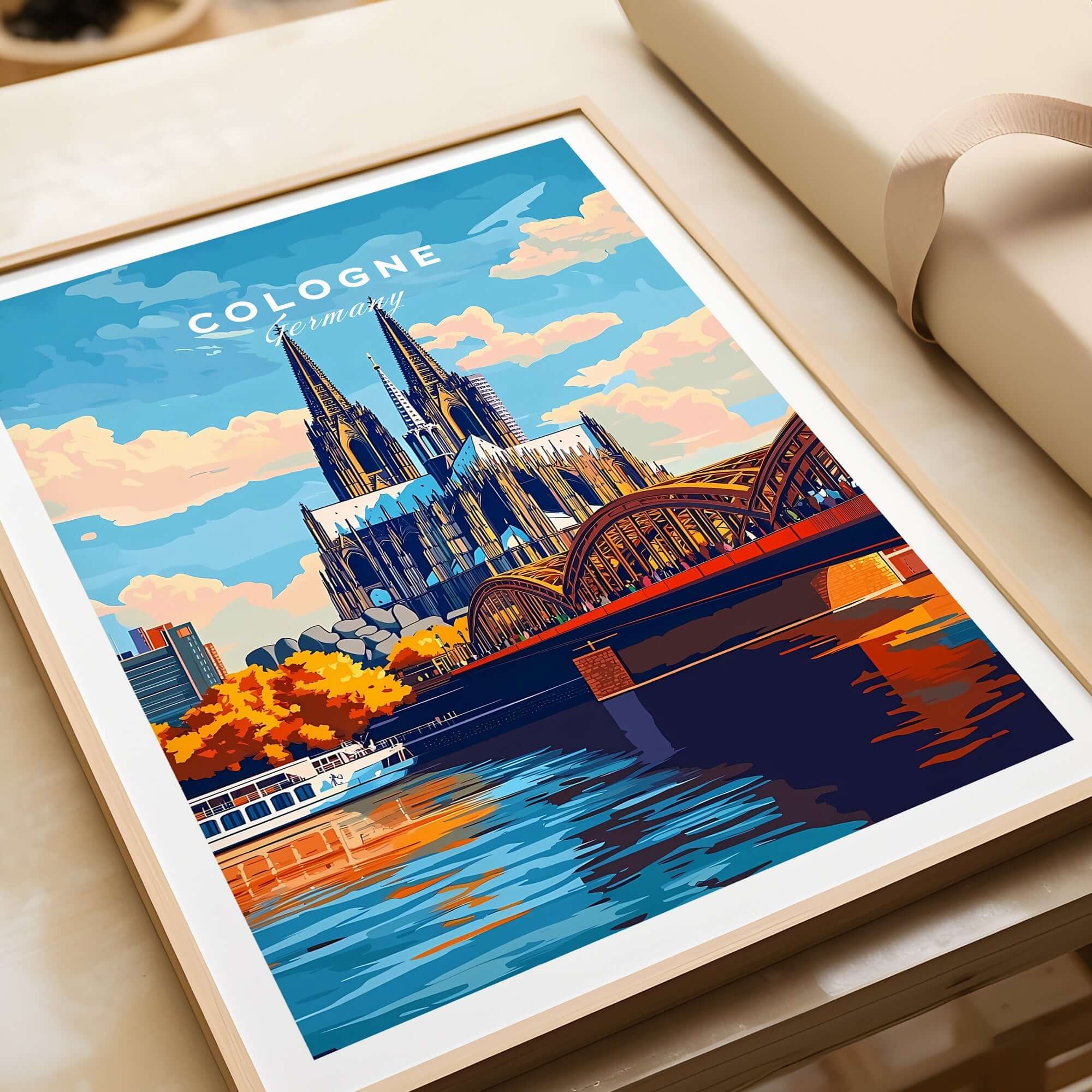Cologne Print Germany showcasing the stunning Cologne Cathedral and river view in vibrant colors.