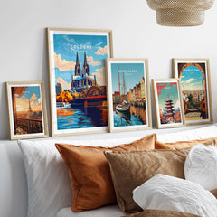 Cologne Print Germany displayed on a stylish wall with other city art prints in decorative frames.