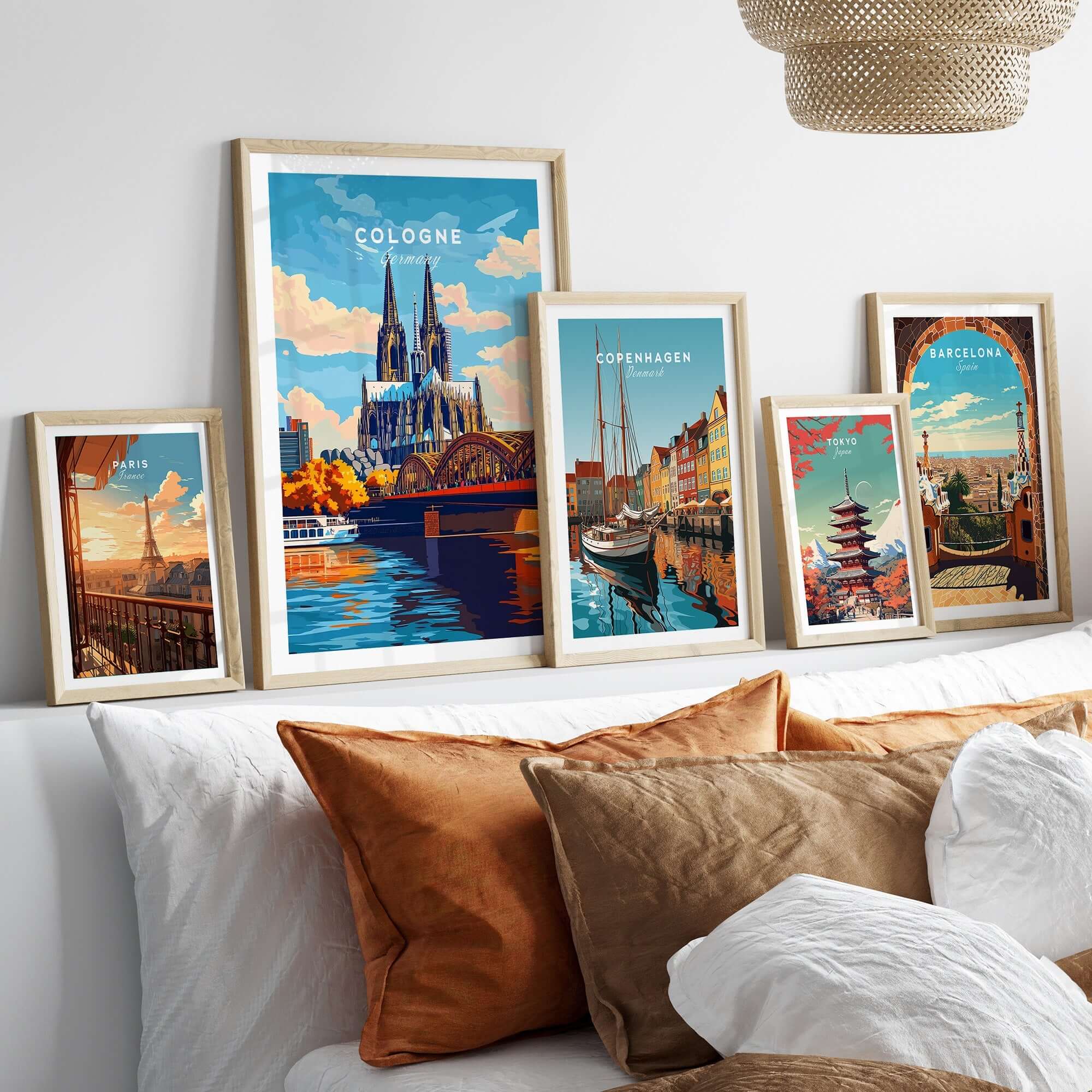 Cologne Print Germany displayed on a stylish wall with other city art prints in decorative frames.