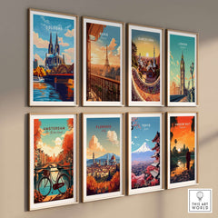 Cologne Print Germany City Art showcased alongside other famous city art prints on a stylish wall display.