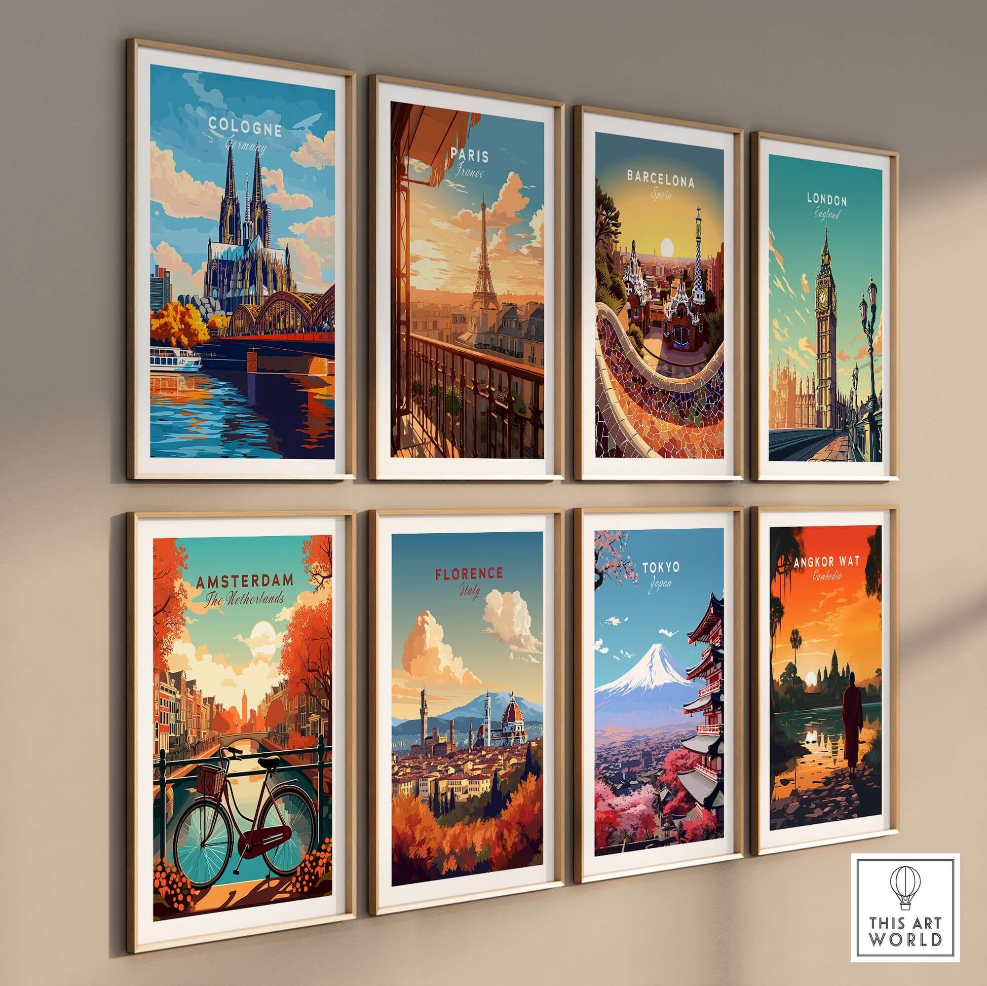 Cologne Print Germany City Art showcased alongside other famous city art prints on a stylish wall display.