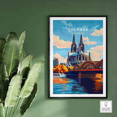 Cologne Print Germany showcasing the beautiful Cologne Cathedral and river view in vibrant colors.