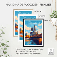 Cologne Print Germany showcased in handmade wooden frames in natural, white, and black finishes, emphasizing elegance and sustainability.