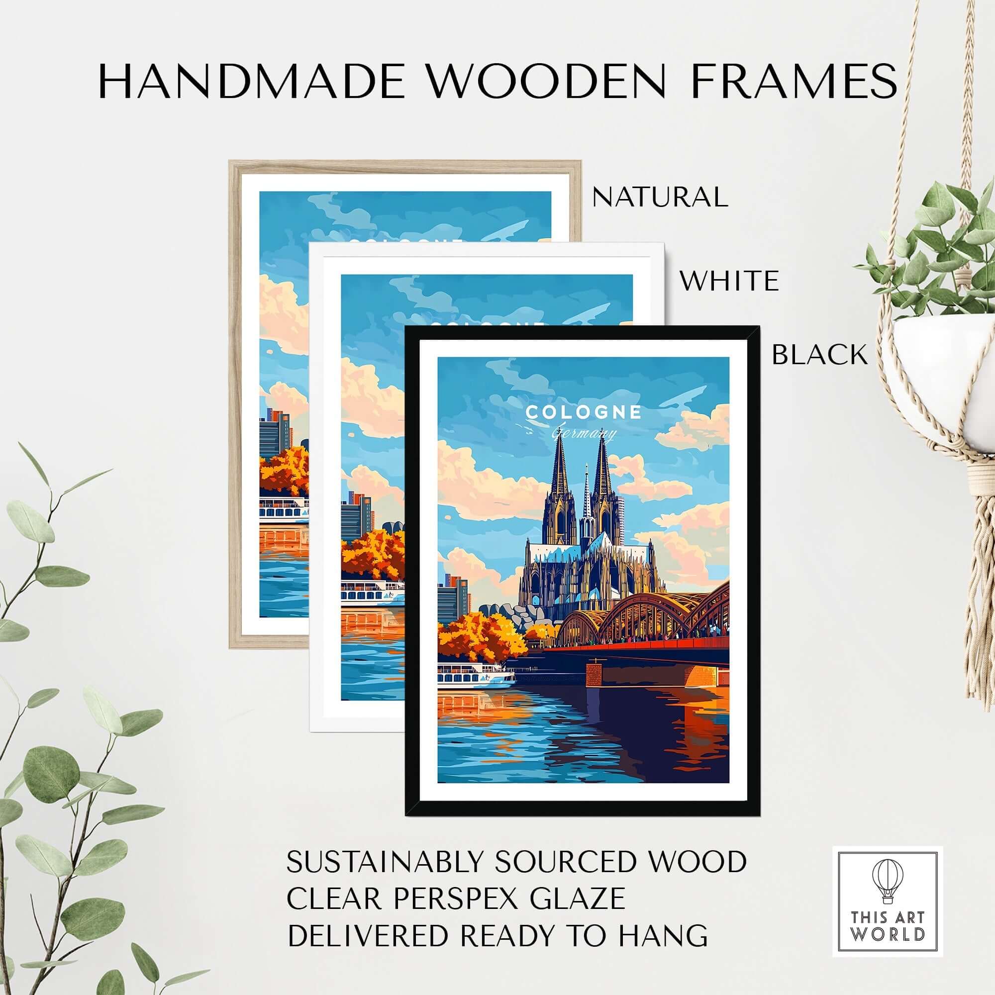 Cologne Print Germany showcased in handmade wooden frames in natural, white, and black finishes, emphasizing elegance and sustainability.