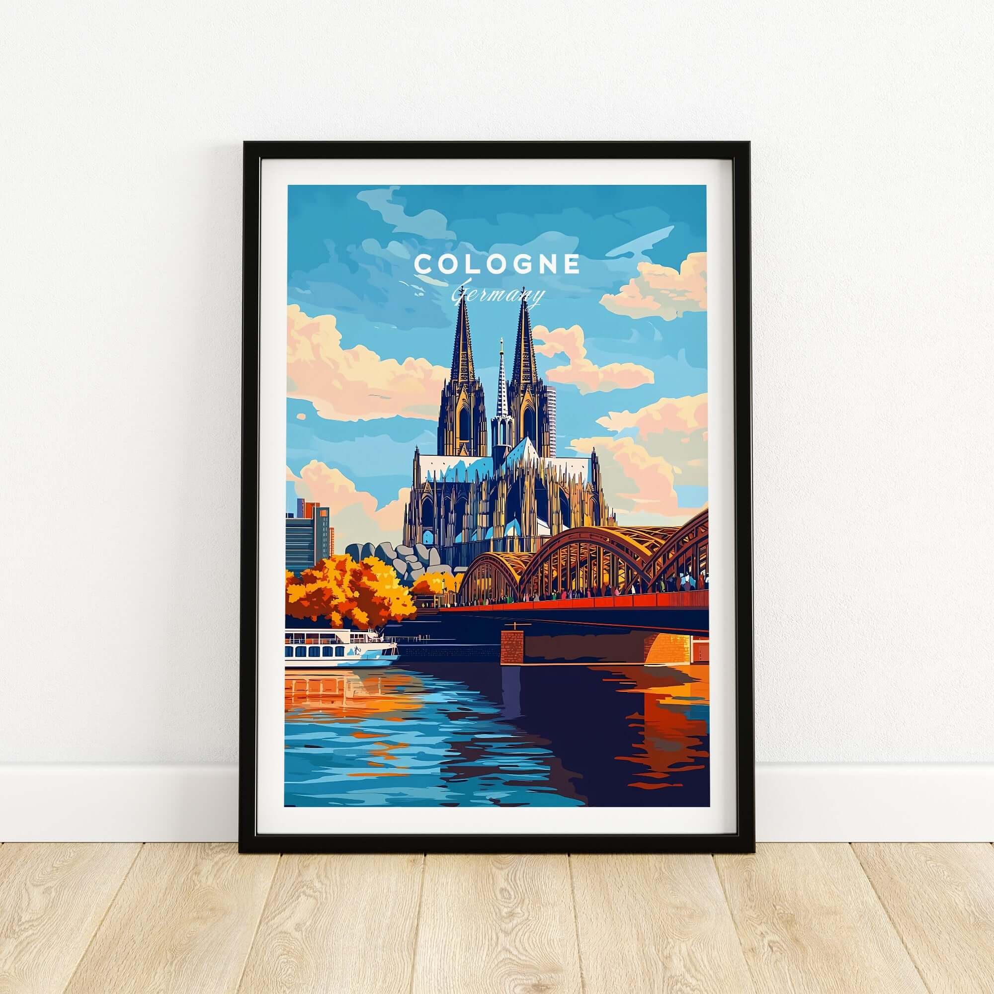 A vibrant Cologne Print Germany featuring the iconic Cologne Cathedral and bridge, ideal for home decor.