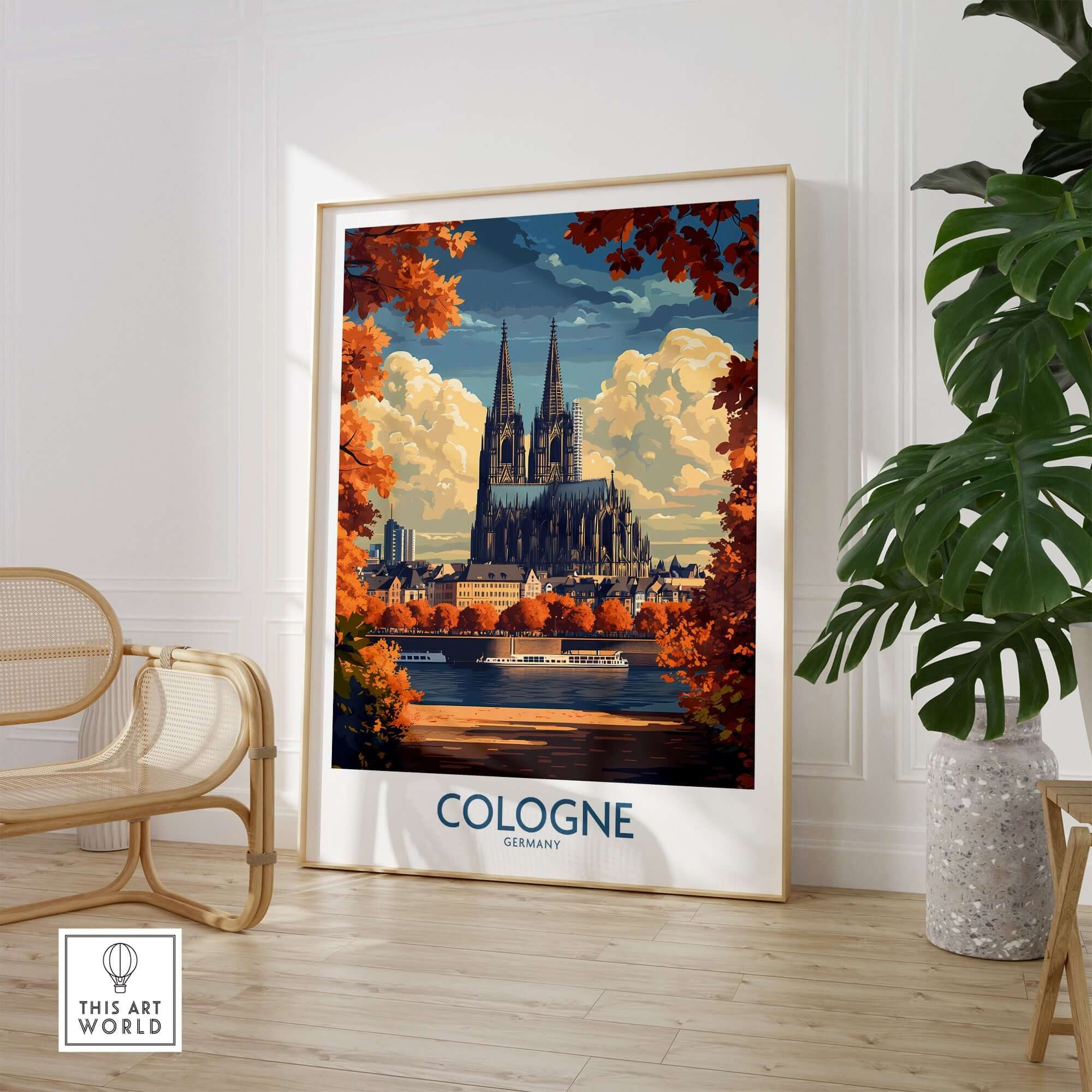 Cologne Travel Poster showcasing the stunning Cologne Cathedral with autumn foliage in vibrant colors.