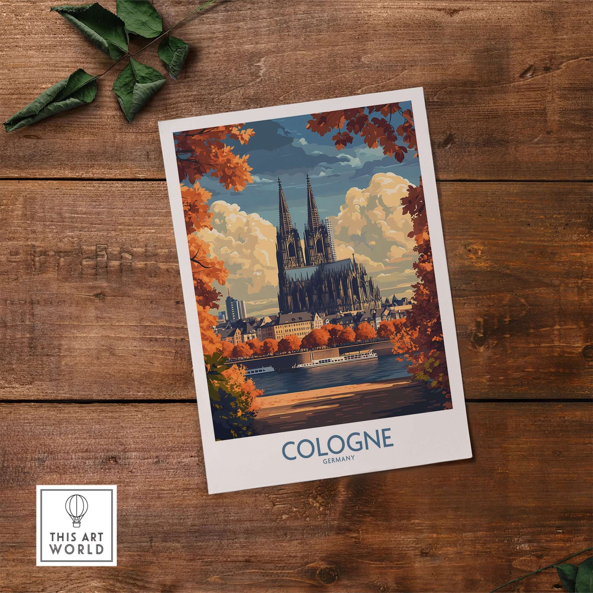 Cologne Travel Poster showcasing the Cologne Cathedral and scenic river views in autumn colors.