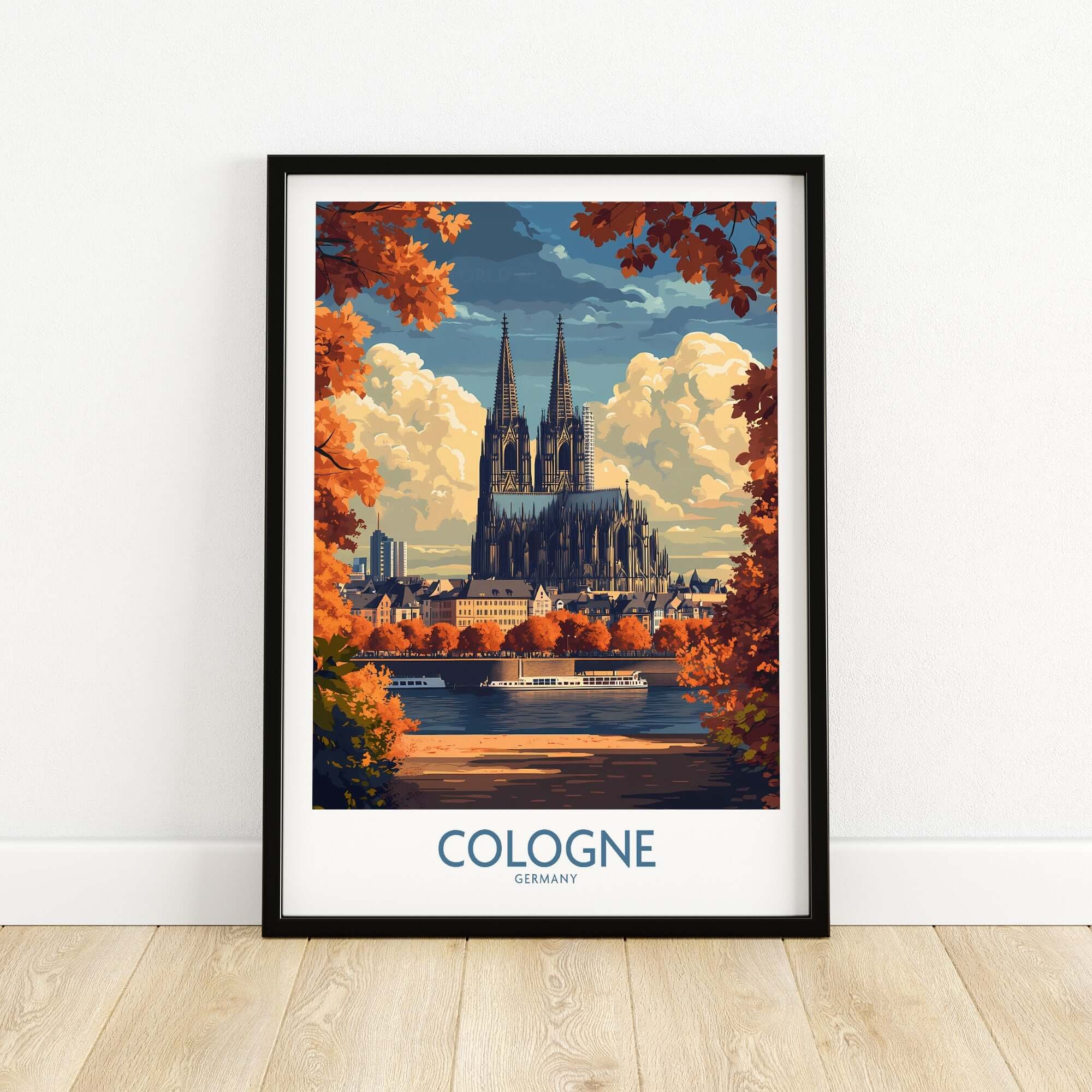 Cologne Travel Poster featuring the stunning Cologne Cathedral with autumn foliage and a scenic river view.