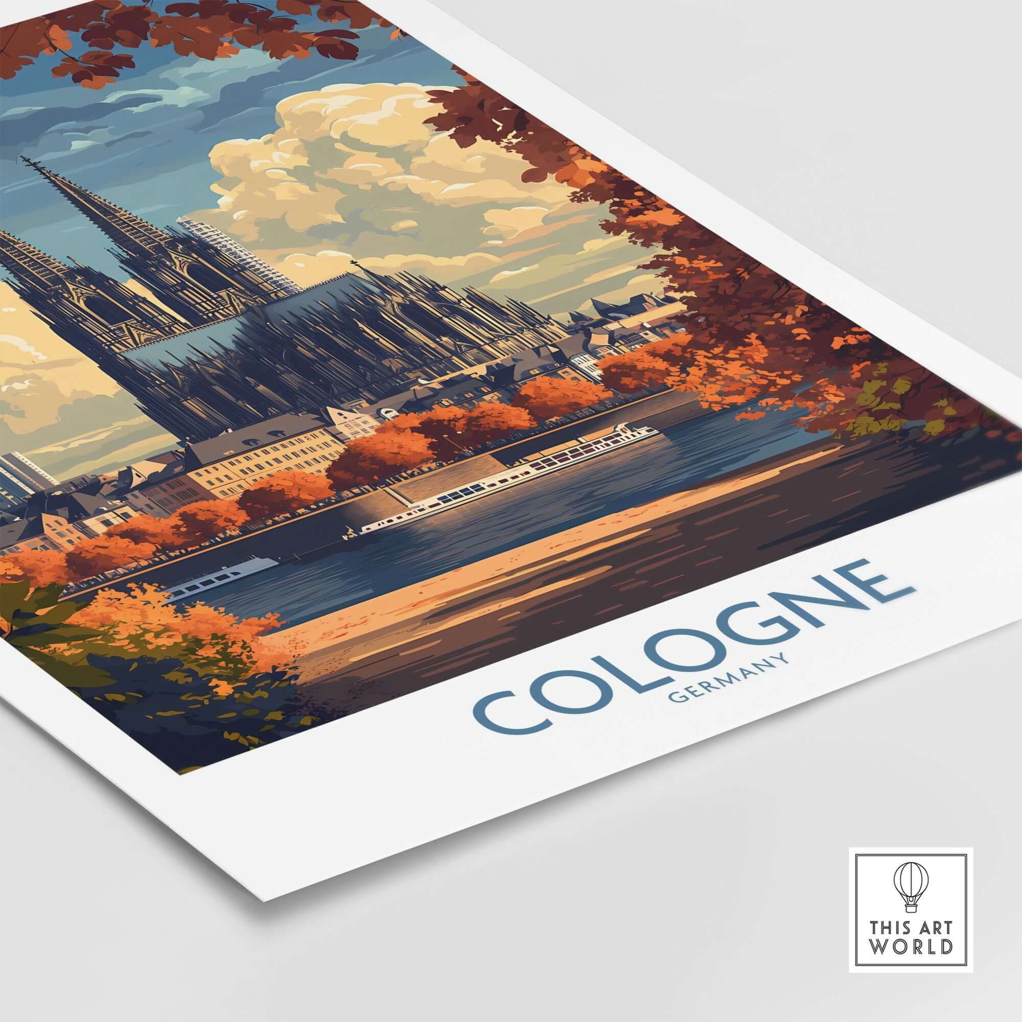 Cologne Travel Poster showcasing the stunning skyline of Cologne with vibrant autumn colors.