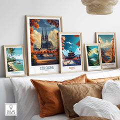 Cologne Travel Poster displayed among other travel posters in a stylish home interior.