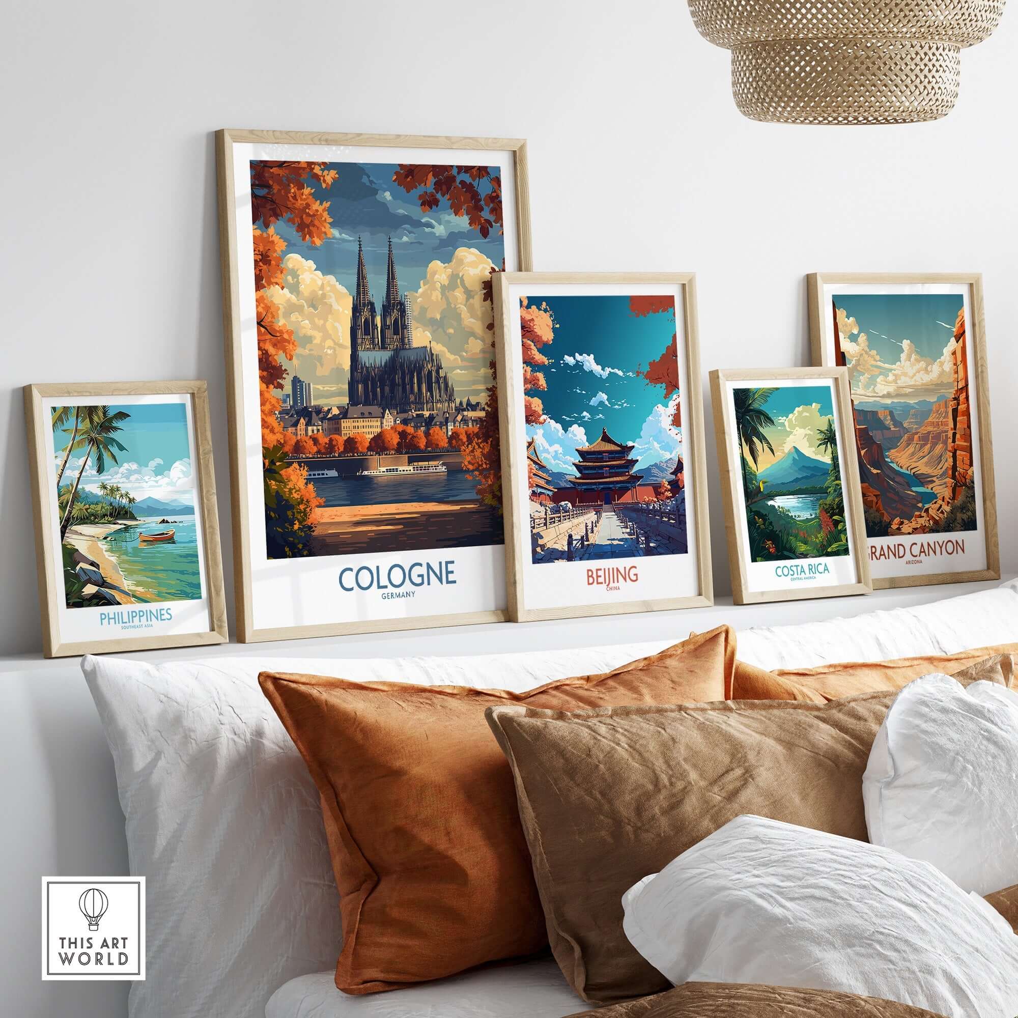 Cologne Travel Poster displayed among other travel posters in a stylish home interior.