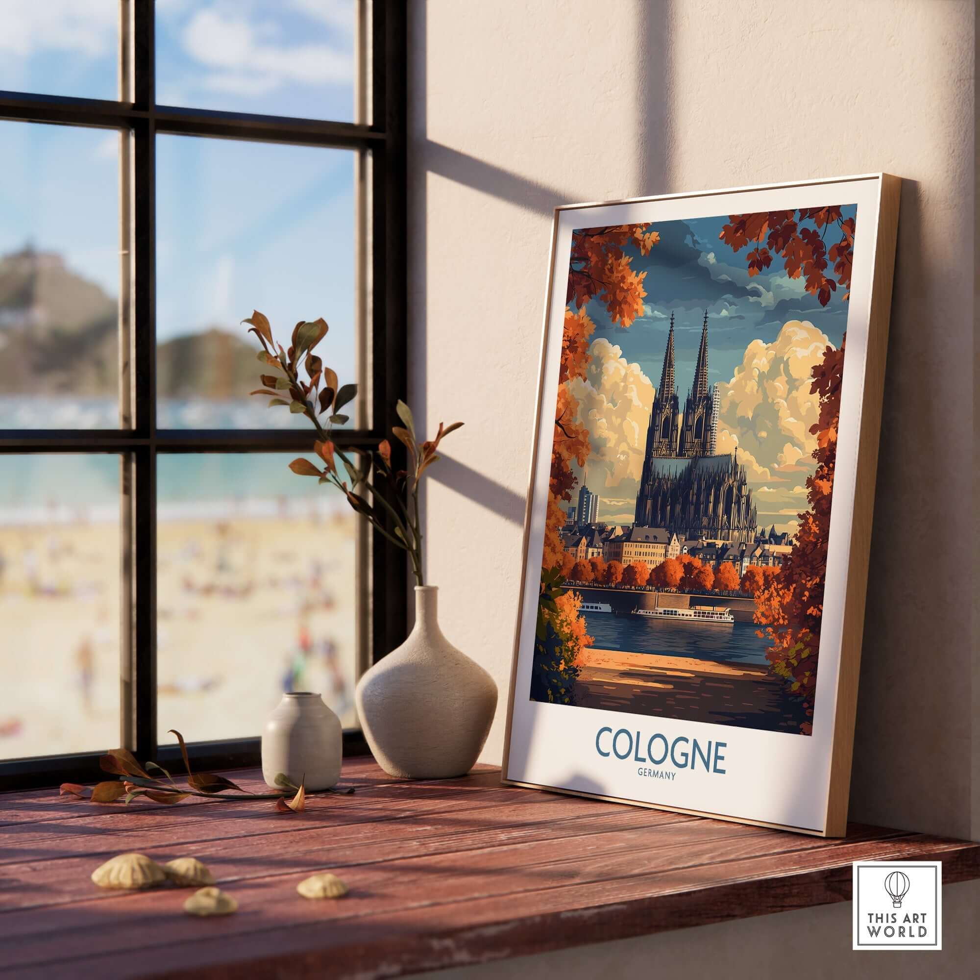 Cologne Travel Poster showcasing the stunning Cologne Cathedral with a beautiful autumn landscape.
