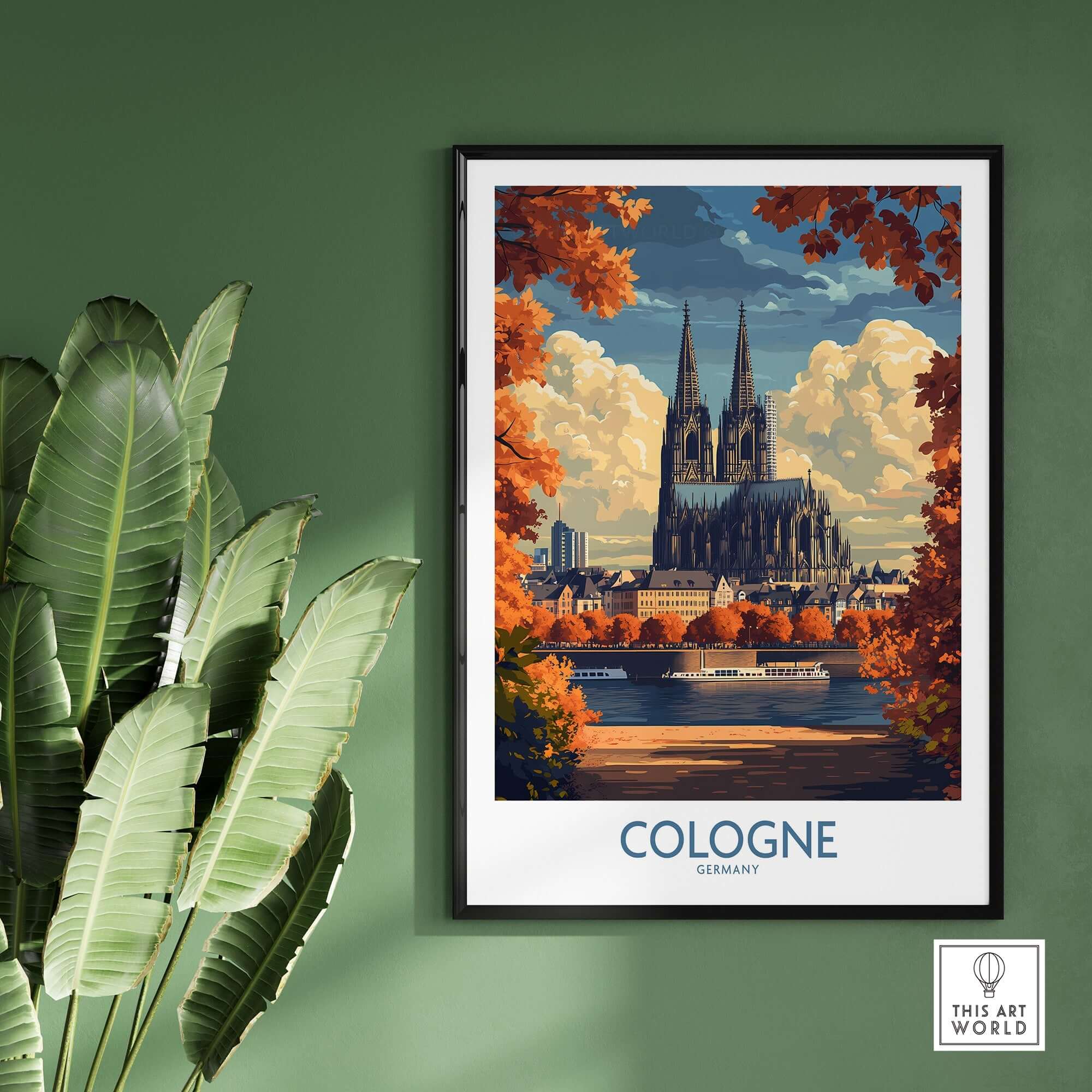 Cologne Travel Poster showcasing the stunning Cologne Cathedral surrounded by autumn foliage.