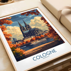 Cologne Travel Poster featuring the iconic Cologne Cathedral with autumn scenery and a river view.