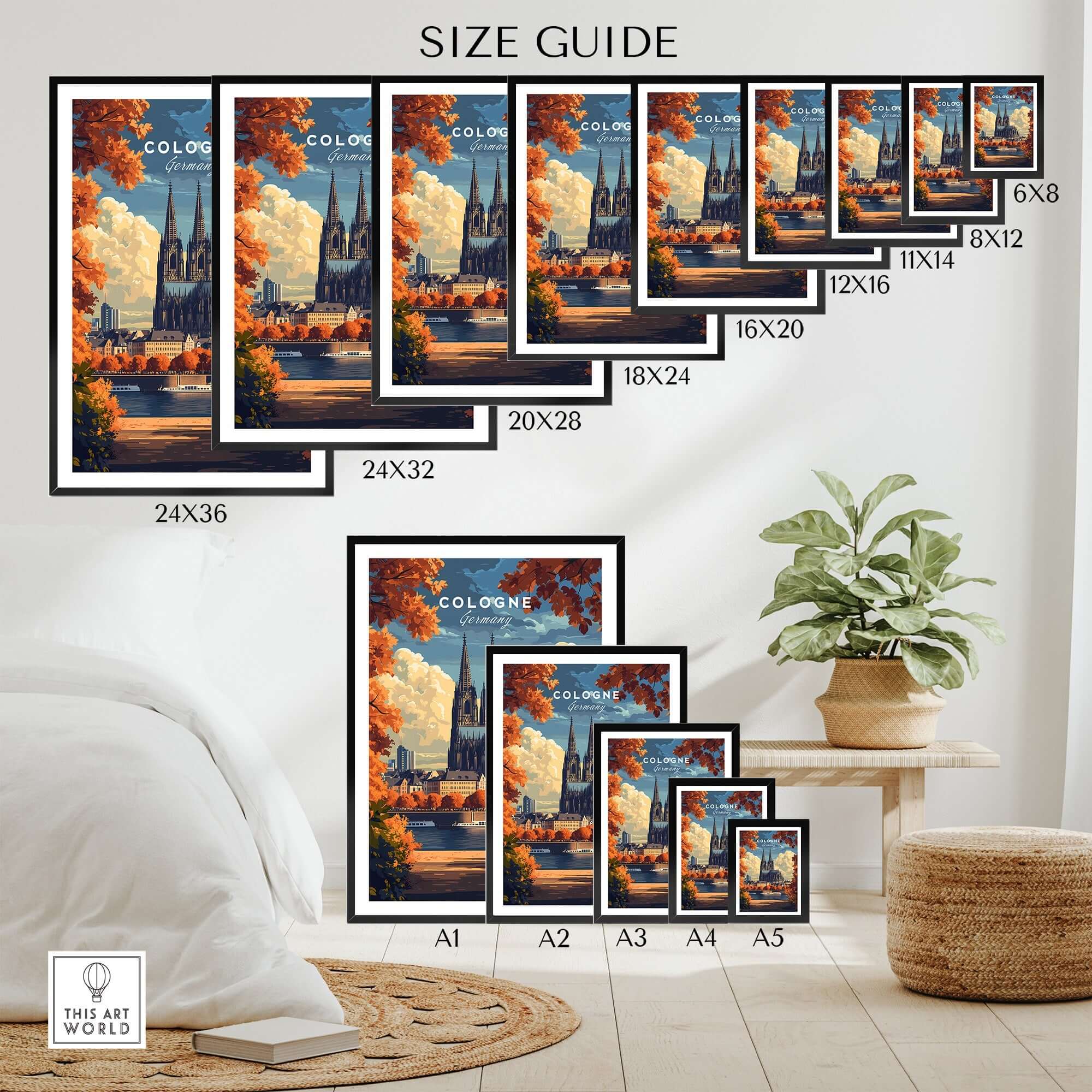 Cologne Travel Print size guide showcasing various print dimensions and designs featuring Cologne Cathedral.