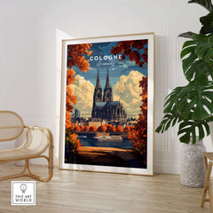Cologne Travel Print featuring the iconic Cologne Cathedral in a vibrant autumn setting.